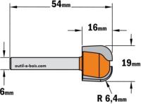 Fraise CMT pour plateau en bois - Diamètre 19 mm - Rayon 6,4 mm - Queue de 6 mm