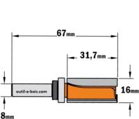 Fraise à Défoncer Carbure CMT - Diamètre 16 mm -  Hauteur 31.7 mm - Queue de 8 mm avec roulement