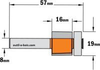 Fraise à Affleurer CMT - Diamètre 19 mm -  Hauteur 16 mm - Queue de 8 mm avec roulement