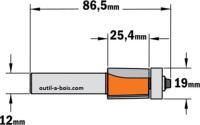 Fraise à Affleurer CMT - Diamètre 19 mm -  Hauteur 25.4 mm - Queue de 12 mm avec roulement