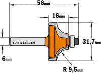 Fraise CMT pour quart de rond (petit roulement) - Rayon 9,5mm - queue de 6mm