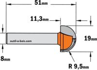 Fraise à gorge CMT - Rayon 9,5 mm - Queue de 8 mm