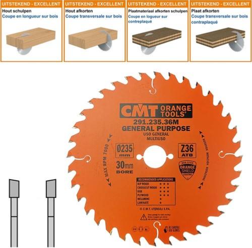 Lame circulaire CMT pour coupes transversales pour portatives - Diamètre 235mm - Alésage 30mm - 36 dents alternées - Ep 2,8/1,8 - CMT Orange tools