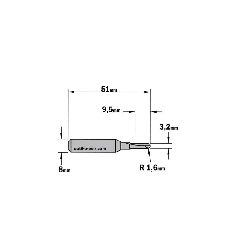 ENT 12500 Fraise à chanfreiner en carbure, queue (S) 8 mm, rayon (R) 6 mm, D 12 mm, NL 12 mm, SL 32 mm, avec roulement à billes, travail du bois, défonceuse