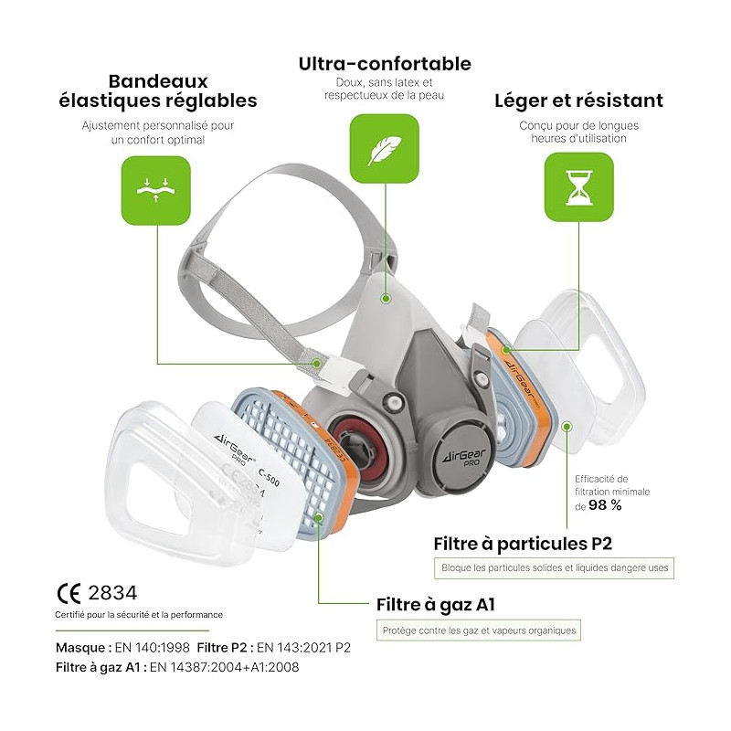 Lot De 3 Masques RZ M2 Filtration Anti-poussière, Noir, Taille L, Réutilisables