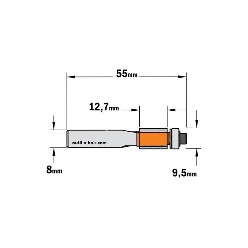 Fraise à Affleurer Carbure ENT 13740 - Queue 8mm, Diamètre 17,2mm, Angle 15° Avec Roulement