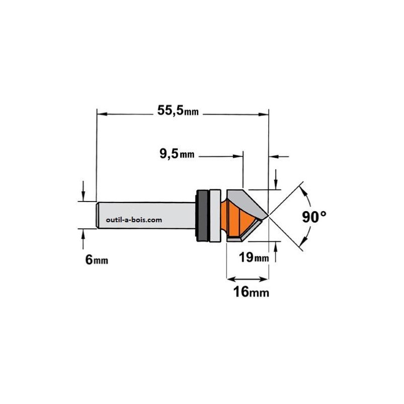 Fraise à Rainurer En V 90° CMT Orange Tools 715.190.11B - HM S=6 D=19x16mm Avec Roulement