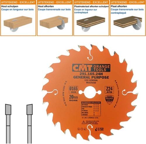 Lame circulaire CMT pour coupes transversales pour portatives - Diamètre 165mm - Alésage 20mm - 24 dents alternées - Ep 2,2/1,6 - CMT Orange tools