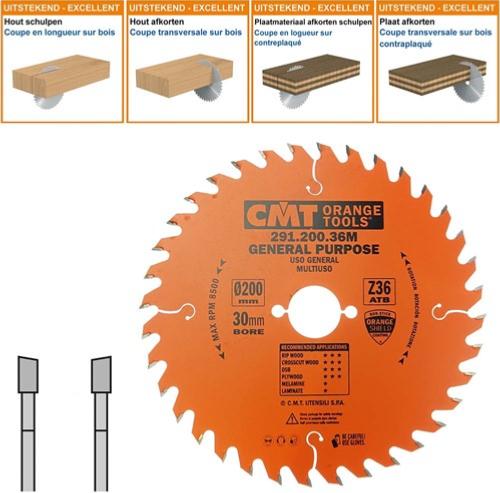 Lame circulaire CMT pour coupes transversales pour portatives - Diamètre 200mm - Alésage 30mm - 24 dents alternées - Ep 2,8/1,8 - CMT Orange tools