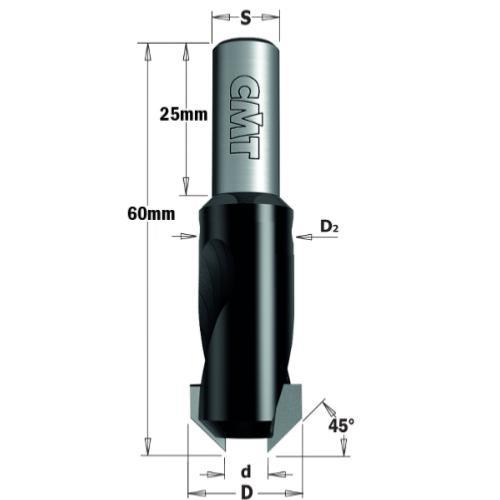 Fraisoir bois 45° queue 8mm, diamètre 12mm, pour foret 4mm - CMT Orange tools