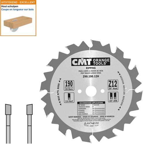 Lame circulaire CMT pour coupes en longueur pour portatives  - Diamètre 190mm - Alésage 20mm - 12 dents alternées - Ep 2,6/1,6 - CMT Orange tools