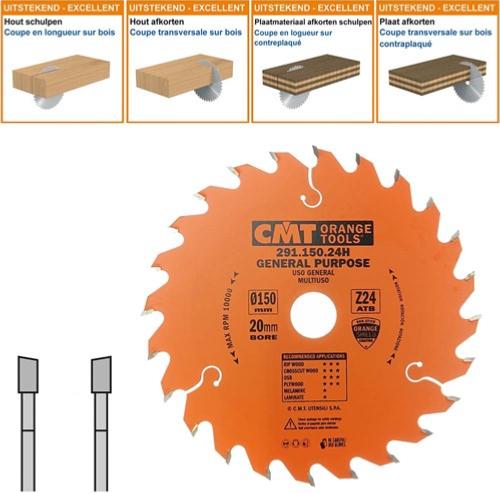 Lame circulaire CMT pour coupes transversales pour portatives  - Diamètre 150mm - Alésage 20mm - 20 dents alternées - Ep 2,4/1,4 - CMT Orange tools