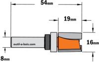 Fraise à Défoncer Carbure CMT - Diamètre 16 mm -  Hauteur 19 mm - Queue de 8 mm avec roulement