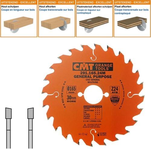 Lame circulaire CMT pour coupes transversales pour portatives - Diamètre 165mm - Alésage 30mm - 24 dents alternées - Ep 2,6/1,6 - CMT Orange tools