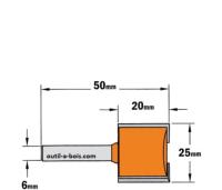 Fraise à Défoncer Carbure CMT - Diamètre 25 mm - Hauteur 20 mm - Queue de 6 mm