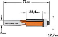 Fraise à Affleurer CMT 3 coupes - Diamètre 12.7 mm -  Hauteur 25.4 mm - Queue de 8 mm avec roulement