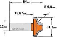 Fraise CMT pour quart de rond (sans roulement) - Rayon 9,5mm - queue de 12mm