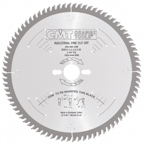 Lame circulaire CMT pour coupes de précision  - Diamètre 250mm - Alésage 30mm - 80 dents alternées - Ep 3,2/2,2 - CMT Orange tools