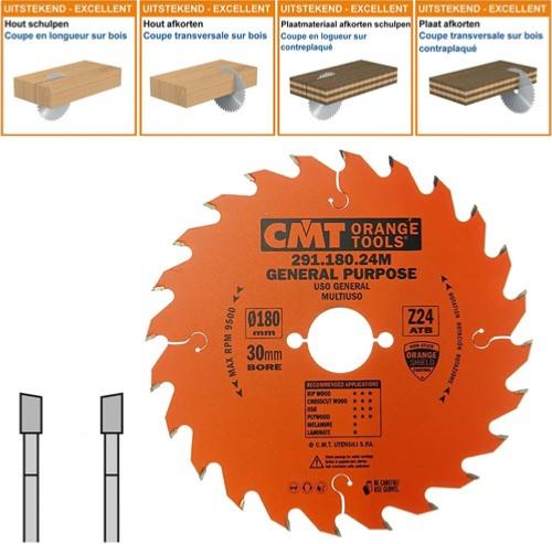 Lame circulaire CMT pour coupes transversales pour portatives - Diamètre 180mm - Alésage 30mm - 24 dents alternées - Ep 2,6/1,6 - CMT Orange tools