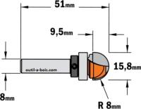 Fraise à gorge CMT - Rayon 8 mm - Queue de 8 mm avec roulement au dessus