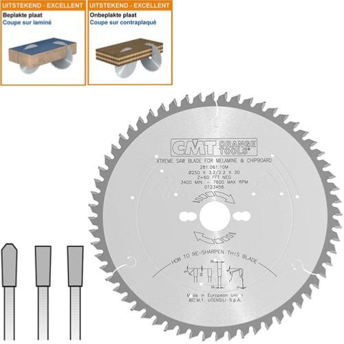 Lame circulaire XTREME CMT pour mélaminés et agglomérés - Diamètre 250mm - 60 dents négatives - Alésage 30mm - Ep 3,2/2,2 - CMT Orange tools