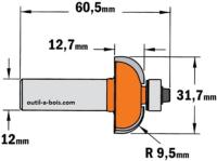 Fraise à congé CMT Rayon 9,5 mm - Queue de 12 mm