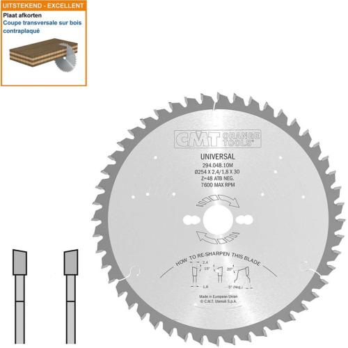 Lame circulaire Bois  - Diamètre 254mm - Alésage 30mm - 48 dents alternées négatives - Ep 2,4/1,8 - CMT Orange tools