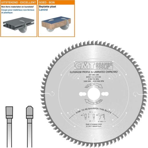 Lame circulaire pour métaux non ferreux et composite - Diamètre 254mm - Alésage 30mm - 80 dents heller négatives - Ep 3,2/2,5 - CMT Orange tools