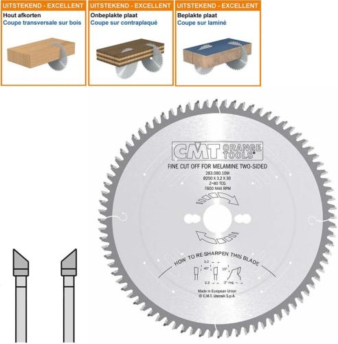 Lame circulaire pour mélaminés et agglomérés - Diamètre 250mm - 80 dents négatives - Alésage 30mm - Ep 3,2/2,2 - CMT Orange tools