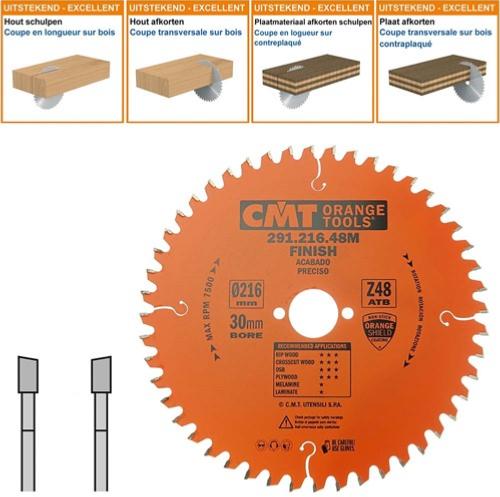 Lame circulaire CMT pour coupes transversales pour portatives - Diamètre 216mm - Alésage 30mm - 48 dents alternées - Ep 2,8/1,8 - CMT Orange tools