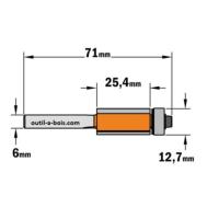 Fraise à Affleurer CMT - Diamètre 12.7 mm -  Hauteur 25.4 mm - Queue de 6 mm avec roulement