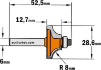 Fraise CMT pour quart de rond (petit roulement) - Rayon 8mm - queue de 6mm
