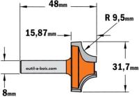 Fraise CMT pour quart de rond (sans roulement) - Rayon 9,5mm - queue de 8mm
