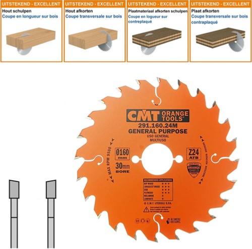 Lame circulaire CMT pour coupes transversales pour portatives - Diamètre 160mm - Alésage 30mm - 24 dents alternées - Ep 2,2/1,6 - CMT Orange tools