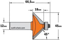 Fraise à chanfreiner CMT - Angle 45° - Hauteur 18 mm - Queue de 12 mm avec roulement