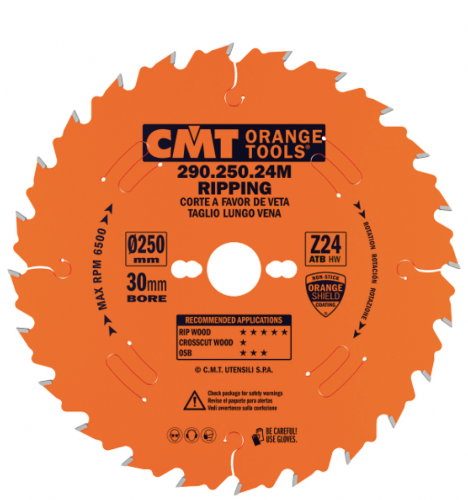 Lame circulaire CMT pour coupes en longueur pour portatives  - Diamètre 250mm - Alésage 30mm - 24 dents alternées - Ep 2,8/1,8 - CMT Orange tools