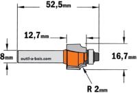 Fraise CMT pour quart de rond (petit roulement) - Rayon 2mm - queue de 8mm