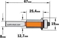 Mèche à affleurer et rainurer en V - Diamètre 19mm - Longueur utile 25.4mm - Queue 8mm