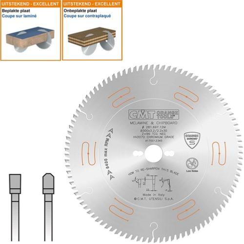 Lame circulaire XTREME CMT pour mélaminés et agglomérés - Diamètre 300mm - 96 dents négatives - Alésage 30mm - Ep 3,2/2,2 - CMT Orange tools