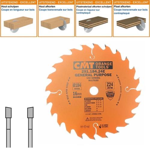 Lame circulaire CMT pour coupes transversales pour portatives - Diamètre 184mm - Alésage 16mm - 24 dents alternées - Ep 2,6/1,6 - CMT Orange tools
