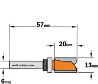 Fraise à Défoncer Carbure CMT - Diamètre 13 mm - Hauteur 20 mm - Queue de 6 mm avec roulement