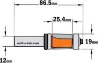 Fraise à Affleurer CMT - Diamètre 19 mm -  Hauteur 25.4 mm - Queue de 12 mm avec double roulement
