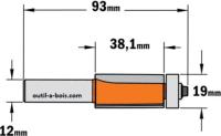 Fraise à Affleurer CMT - Diamètre 19 mm -  Hauteur 38.1 mm - Queue de 12 mm avec roulement