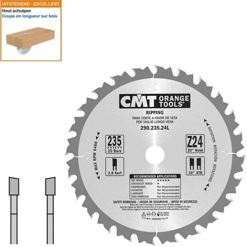 Lame circulaire CMT pour coupes en longueur pour portatives  - Diamètre 235mm - Alésage 25mm - 24 dents alternées - Ep 2,8/1,8 - CMT Orange tools