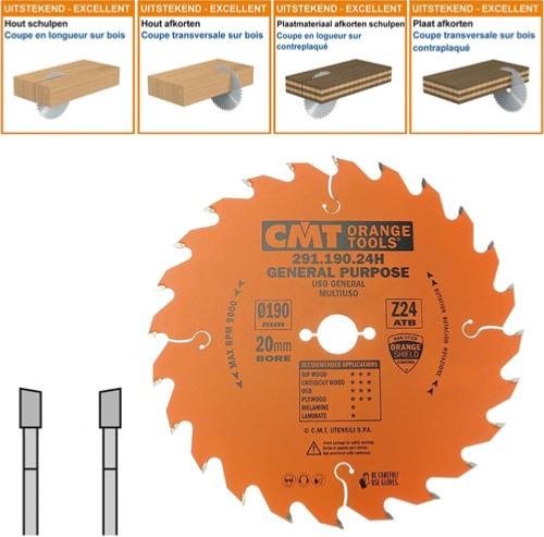 Lame circulaire CMT pour coupes transversales pour portatives - Diamètre 190mm - Alésage 20mm - 24 dents alternées - Ep 2,6/1,6 - CMT Orange tools