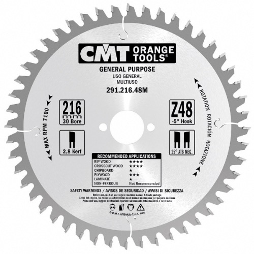 Lame circulaire CMT pour coupes transversales pour portatives - Diamètre 216mm - Alésage 30mm - 48 dents alternées - Ep 2,8/1,8 - CMT Orange tools