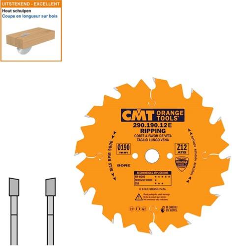 Lame circulaire CMT pour coupes en longueur pour portatives  - Diamètre 190mm - Alésage 16mm - 12 dents alternées - Ep 2,6/1,6 - CMT Orange tools