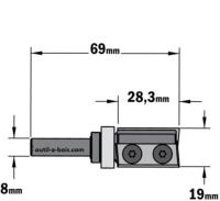 Fraise à Affleurer CMT à plaquettes - Diamètre 19 mm -  Hauteur 28.3 mm - Queue de 8 mm avec roulement