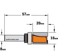 Fraise à Défoncer Carbure CMT - Diamètre 16 mm -  Hauteur 20 mm - Queue de 8 mm avec roulement
