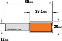 Fraise à Défoncer Carbure CMT - Diamètre 20 mm -  Hauteur 38.1 mm - Queue de 12 mm